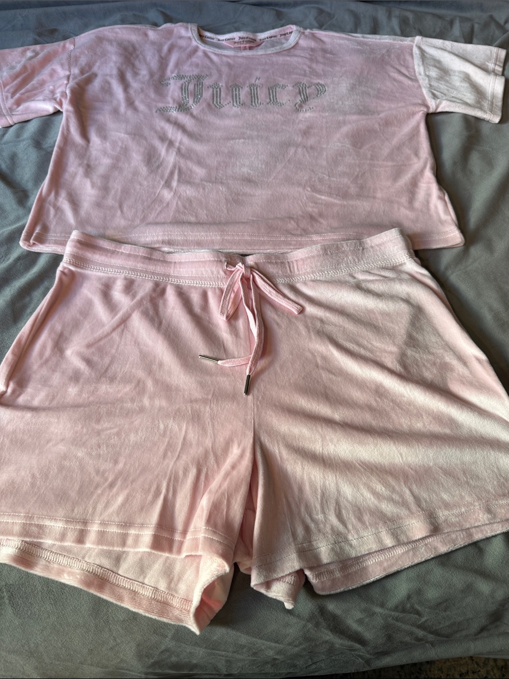 Juicy Couture Pale Pink Velour Short Pajama Set with Rhinestone Logo
